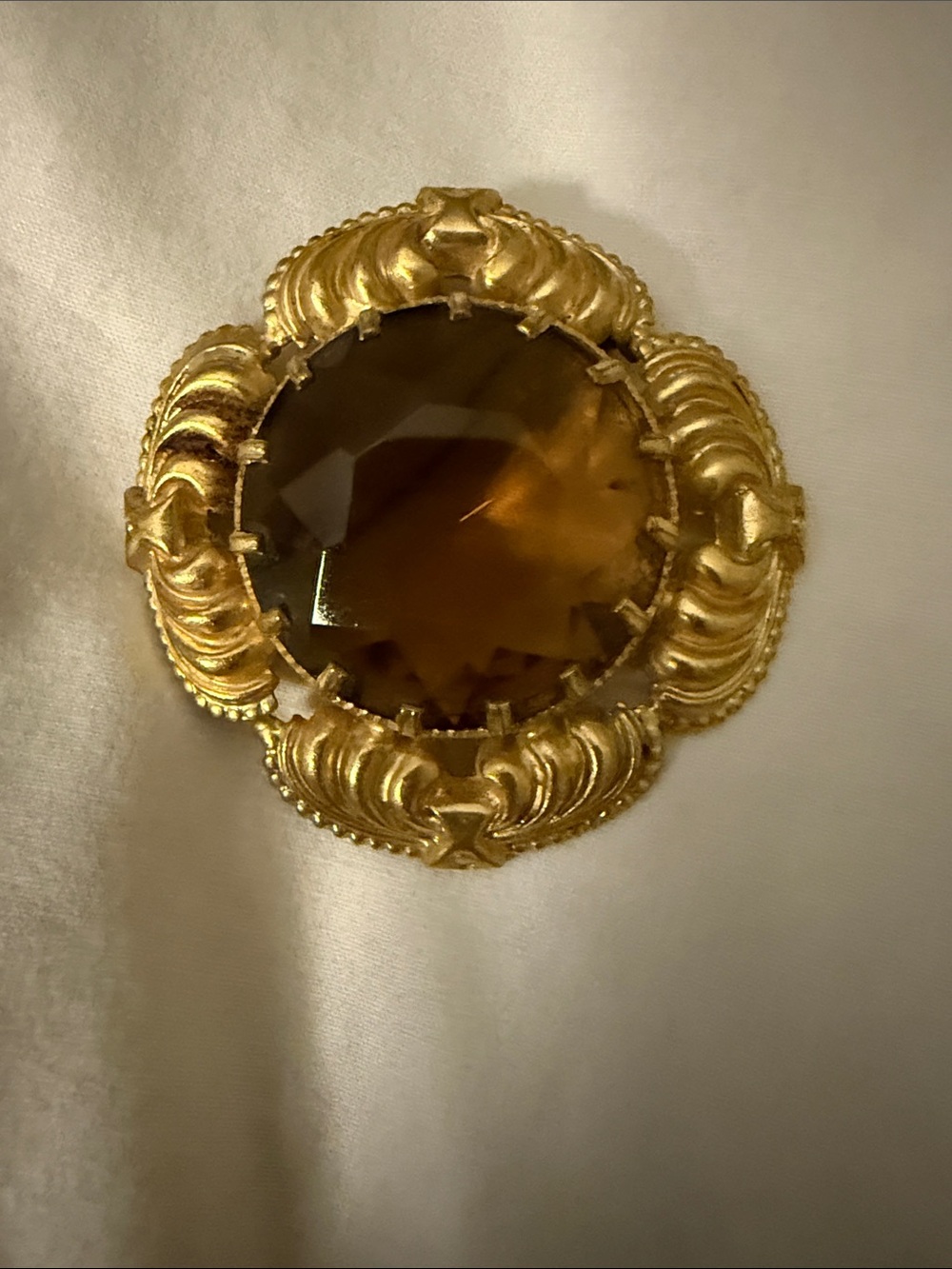 Vintage Gold-Tone Brooch with Amber Glass Center